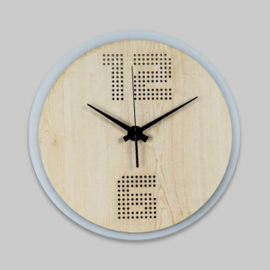 Loravien Void Perforated Digital Edition: A modern designer wall clock consisting of a 35 cm natural birch wood body and a 38 cm frosted acrylic panel, featuring matte black hands and dot-matrix numerals formed by empty spaces (voids).