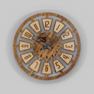 Modern Axle Hybrid Wall Clock by Loravien featuring a 35cm natural wood body on a 38cm frosted acrylic back panel with a 3D numeric dial and silent movement.