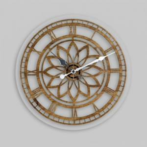 Binary Hybrid Wall Clock by Loravien, 38cm silent clock featuring a layered 3D cut geometric dial with a natural wood body and frosted acrylic back panel, including stainless steel hands.