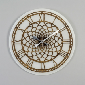 Canyon Topographic Hybrid Wall Clock by Loravien, 38cm silent clock featuring a 3D cut layered circular pattern, natural wood body on a premium frosted acrylic back panel, including stainless steel hands and classic Roman numerals.