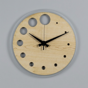 Cipher Minimalist Hybrid Wall Clock by Loravien, 38cm silent clock featuring a 35cm natural wood dial with "Minimalist Void" circular cuts and dot pattern markers on a premium frosted acrylic back panel, complete with minimalist black hands.
