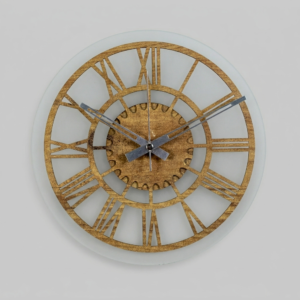 Crest Heritage Edition Hybrid Wall Clock by Loravien, 28cm design featuring a 25cm natural wood center with a gear-inspired core and classic Roman numerals on a premium frosted acrylic back panel,