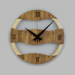 Current Flow Edition Hybrid Wall Clock by Loravien, 38cm design featuring a 35cm wavy natural wood body inspired by the flow of water, layered over a premium frosted plexiglass panel with classic Roman numerals and matte black hands.