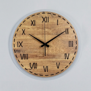 Epoch Heritage Script Edition Hybrid Wall Clock by Loravien, featuring a 35cm natural wood body with hand-scripted Roman numerals and stitch-themed laser-cut details , layered over a 38cm premium frosted acrylic back panel with matte black minimalist hands.