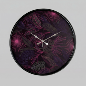 Flora Botanical Night Edition Large Wall Clock by Loravien, 50cm Grand Statement size with high-definition tropical leaf graphic texture on a dark dial, featuring a matte black designer case, high-clarity protective glass, and silver-finished vintage style hands.