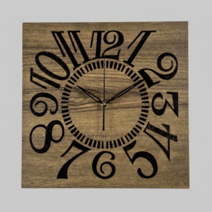 Forge Industrial Craft Edition Square Wood Wall Clock by Loravien, 35x35cm square form made of premium natural wood with bold stylized numeric print, railway track index, and slim black minimalist hands.