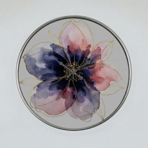 Gilded Golden Bloom Edition Extra Large Art Wall Clock by Loravien, 50cm diameter featuring a high-definition watercolor floral texture with golden shimmering petal details, housed in a metallic-finish designer case with high-clarity protective glass and silver vintage hands.