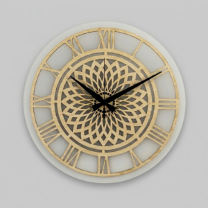 Halo Luminous Symmetry Edition Wall Clock by Loravien, 38cm diameter featuring a 35cm natural wood dial with layered geometric cuts and Roman numerals, positioned atop a premium frosted acrylic back panel for a studio-style depth effect.