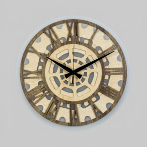 Lichen Organic Lattice Edition Wall Clock by Loravien, featuring a 30 cm dual-tone natural wood body with intricate micro-geometric cuts layered over a 33 cm premium frosted acrylic back panel.