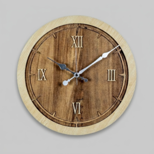 Loravien Mantel Prestige Wood Edition Wall Clock, 33 cm diameter with a premium natural wood body, circular Roman numeral dial, and vintage-style silver hands.