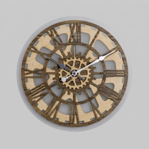 Loravien Mechanism Engineer Edition Wall Clock, featuring a 30 cm dual-layer natural wood body with interlocking gear motifs layered over a 33 cm premium frosted acrylic back panel, accented with vintage silver hands.
