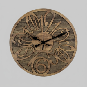 Loravien Mystic Enigma Wood Edition Wall Clock, 33 cm diameter with a premium natural wood body featuring artistic intertwined numeric forms and deep laser-cut layered circular details.