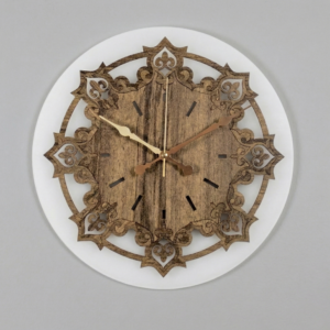Loravien Nexus Ornate Connection Edition Wall Clock, featuring a 35 cm natural wood body with an intricate geometric lattice design layered over a 38 cm premium frosted acrylic back panel, accented with vintage gold-toned hands.