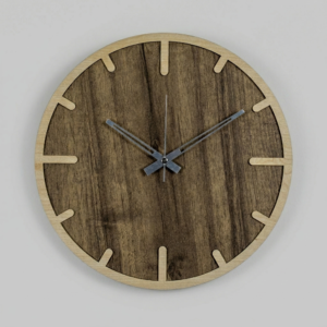 Loravien Nova Stellar Minimalist Wall Clock featuring a 35 cm dual-tone wood design with a dark walnut center, light maple outer ring, precision laser-cut indices, and slim silver hands on a silent movement.