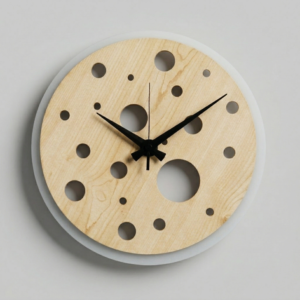 Loravien Orb Celestial Balance wall clock featuring a layered 35 cm design with a light wood front panel containing various sized circular cutouts and a frosted white acrylic background with black hands.