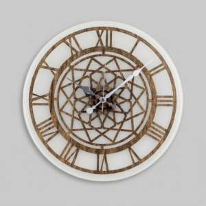 Loravien Pebble Organic Void hybrid wall clock featuring a 35 cm intricately laser-cut wood body with Roman numerals over a 38 cm frosted white acrylic back panel.