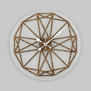 Loravien Prism Modern Series wall clock featuring a 35 cm natural wood geometric lattice body over a 38 cm frosted white acrylic panel with modern white hands.