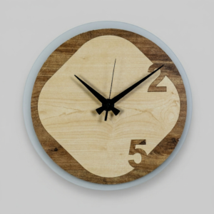 Loravien Ray Modern Series wall clock featuring a 35 cm multi-toned natural wood organic-cut body over a 38 cm frosted white acrylic panel with matte black hands.