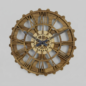 Loravien Ridge Industrial Gear Skeleton wall clock with a 40 cm multi-layered natural wood frame, gear-shaped perimeter, and Roman numerals.