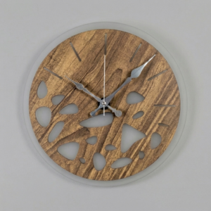 Loravien Silva Modern Series wall clock featuring a 35 cm natural wood body with organic amorphous cut-outs over a 38 cm frosted white acrylic panel.