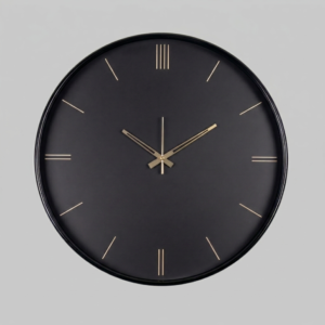 Loravien Sovereign Royal Minimalist 50 cm large wall clock featuring a matte black dial with linear gold indexes and gold-toned sword hands behind protective glass.