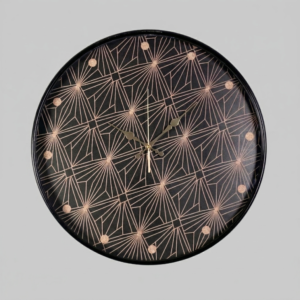 Loravien Stellar Cosmic Luxury 50 cm large wall clock featuring a black dial with radiant gold geometric patterns and ornate gold hands behind protective glass.