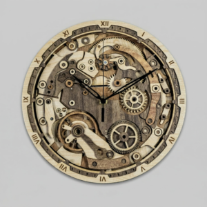 Loravien Vortex 10-Layer Depth Edition: A 26 cm designer wall clock featuring a three-dimensional spiral structure precisely crafted from 10 overlapping layers of natural wood, finished with modern matte black hands.